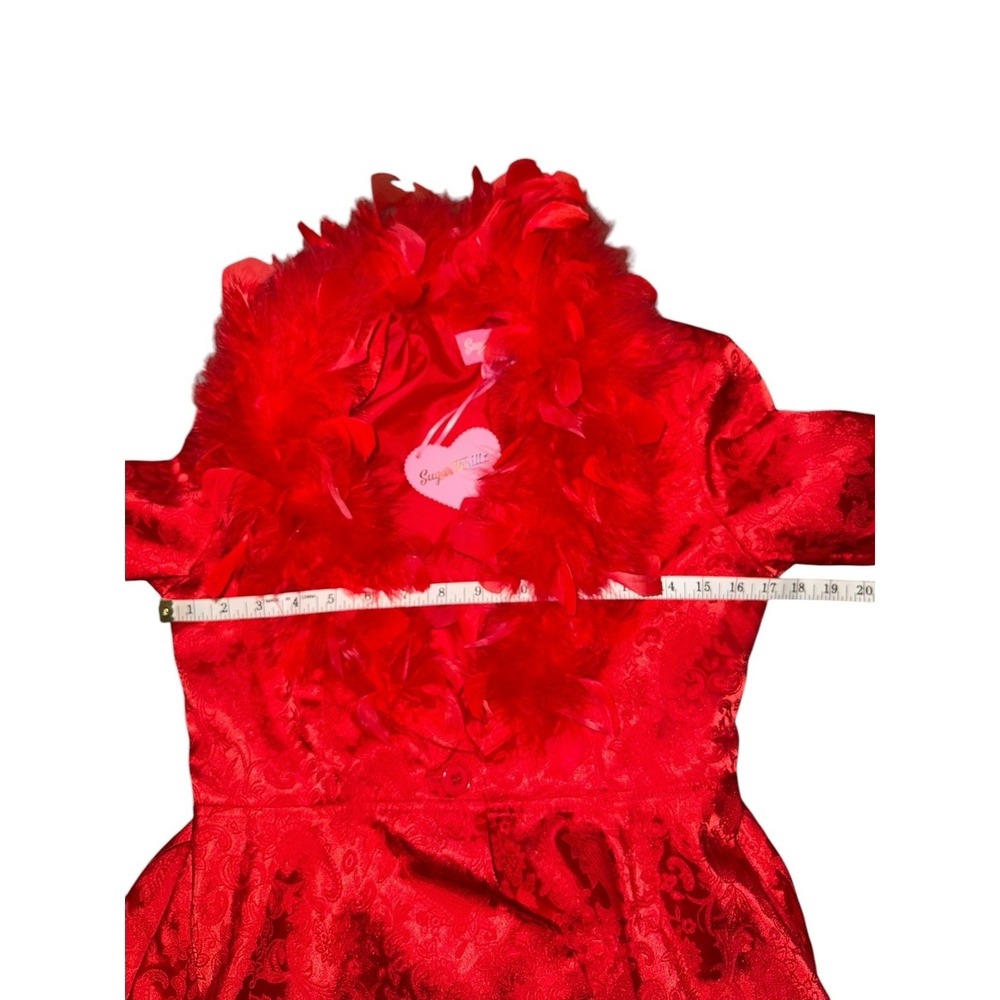 New Dolls Kill Sugar Thrillz Spicy Crushes Brocade Coat Red Feather Trim‎ Dancer - Picture 13 of 16